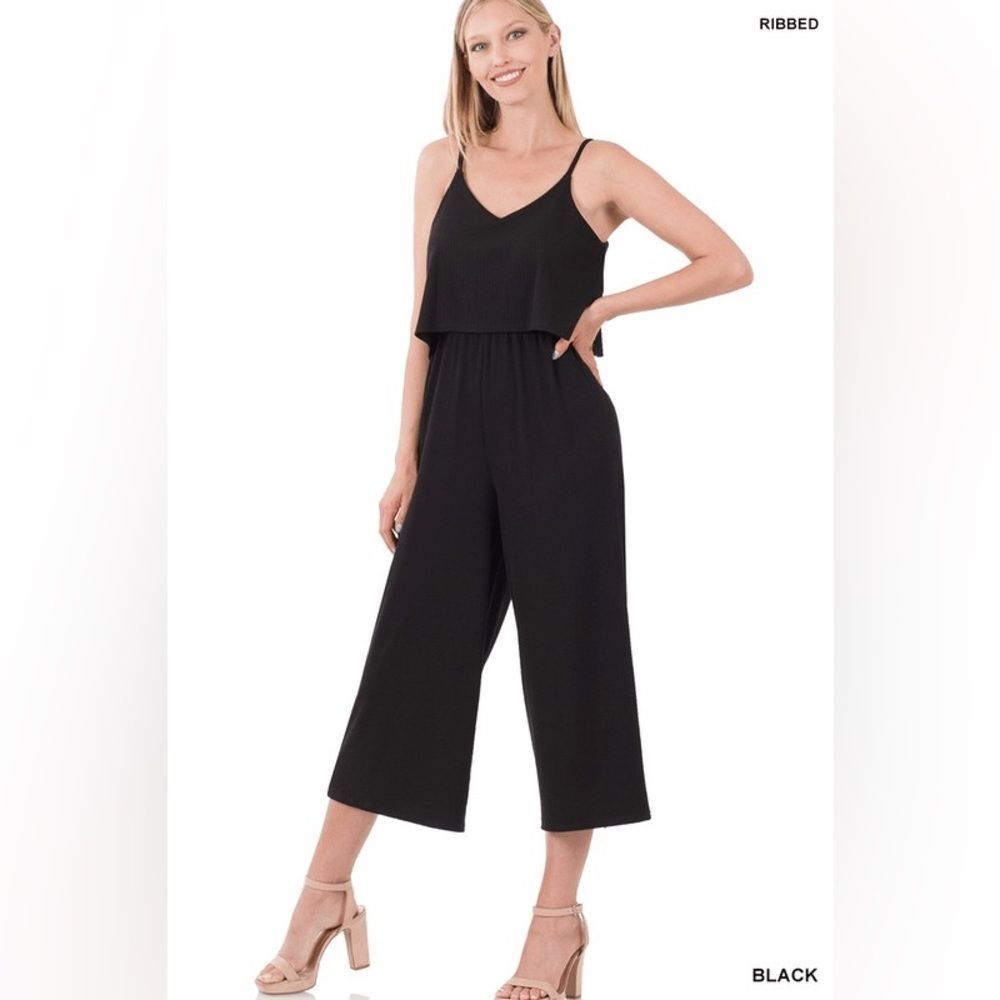 Annalee + Hope Black Popover Wide Leg Jumpsuit Sleeveless V-Neck Size M